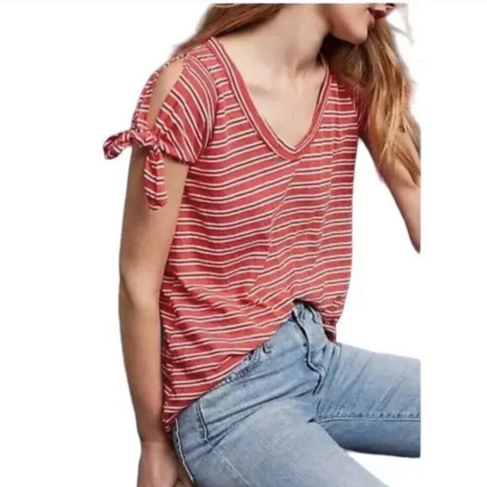 ANTHROPOLOGIE Left of Center Cold Shoulder S Striped Tie Sleeve Women V Neck Top
